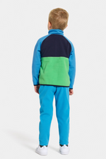 Didriksons Monte 3 Button Fleece. A boys mid-layer sweater in a green & blue design and a button placket, elastic binding on the sleeve and a thermal, microfleece finish.