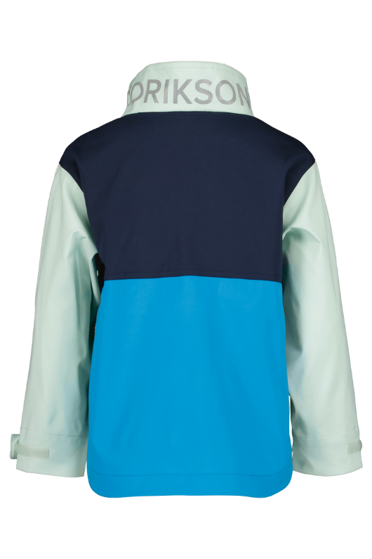 Didriksons Lingon Jacket. A boys windproof jacket in pale mint with a breathable design, reflective detail, and a water repellent finish