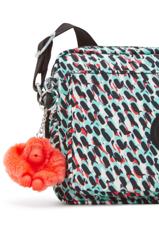 Kipling Abanu Medium Crossbody. A crossbody bag with adjustable strap, 2 main compartments with zip closure, multiple pockets, Kipling logo/monkey charm, and all over abstract multicoloured print.