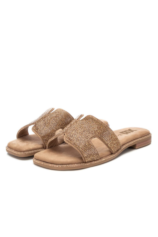 Xti Slip On Flat Sandal. A chic, backless flip-flop with an open toe, and a sparkly strap