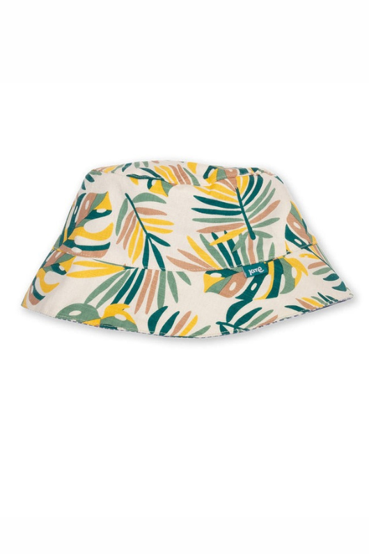 Kite Kids Sun Hat. A reversible cotton sunhat with protective brim, featuring a multicoloured rainforest print, and a striped print on the reverse.