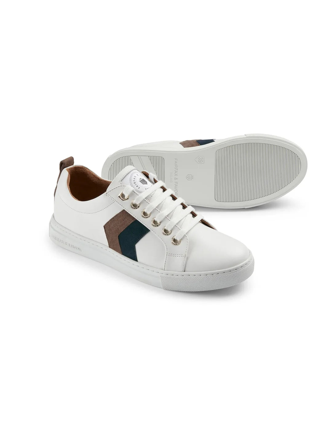 Fairfax & Favor Alexandra Trainer White Leather with Teal/Deep Taupe