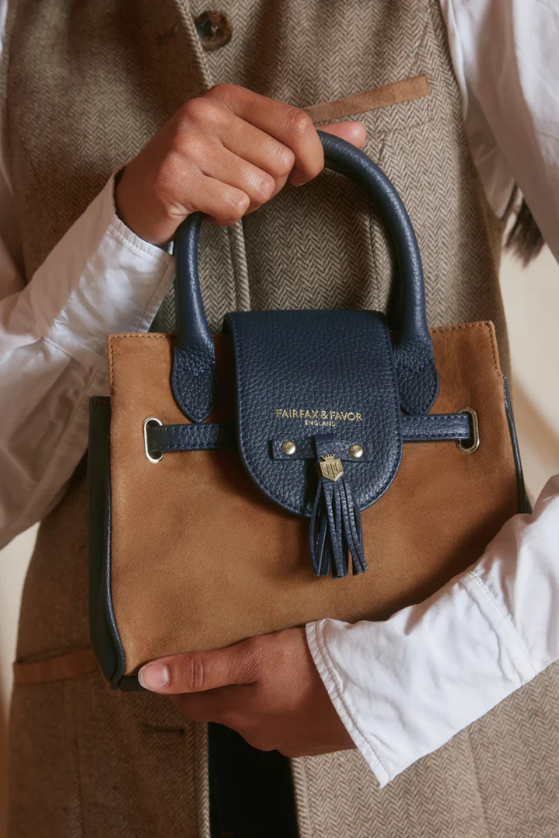 An image of the Fairfax & Favor Fairfax & Favor Mini Windsor Handbag Tan/Navy Suede