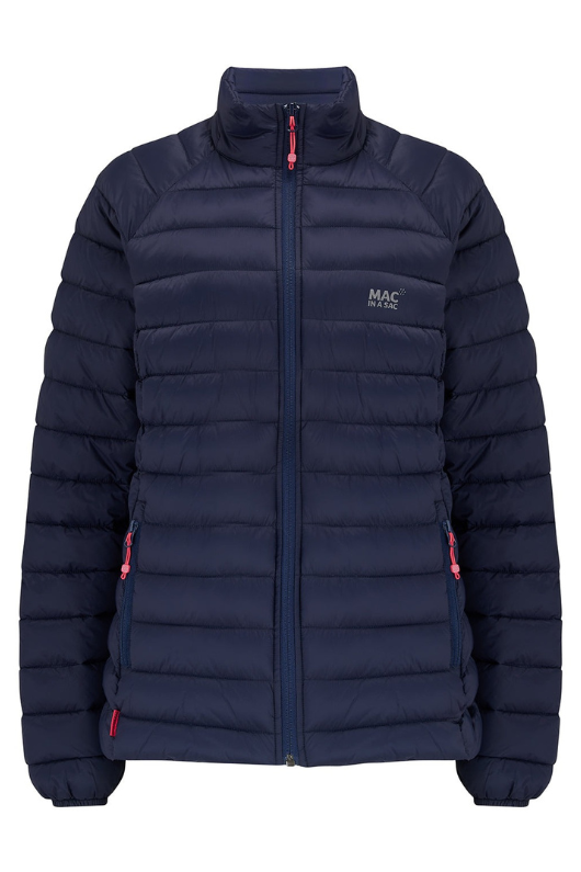 Mac in a Sac LDS Synergy Jacket. A lightweight packable jacket, comes with a sack for storage. This jacket has thermolite filling and reflective detailing and is in the colour Navy.