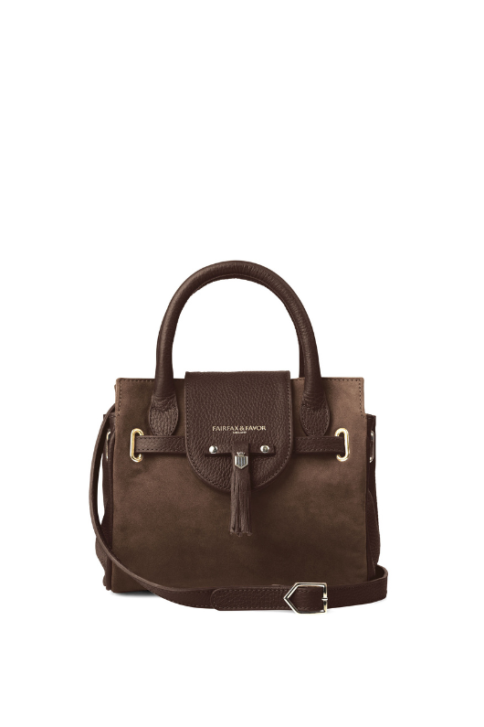 Fairfax & Favor The Mini Windsor. A mini windsor handbag with crossbody strap and tassel details. Suede and leather in the colour Chocolate.