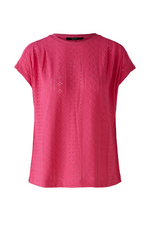 Oui Textured Top. A broderie anglaise fabric top with short sleeves and round neckline, in pink.