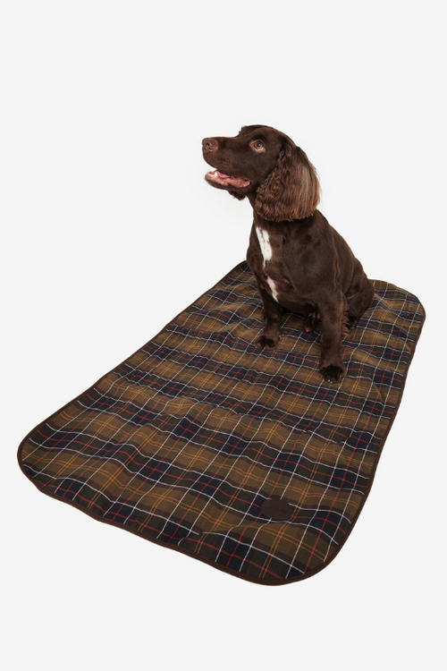 An image of a dog sitting on the Barbour Medium Dog Blanket in the colour Classic/Brown.