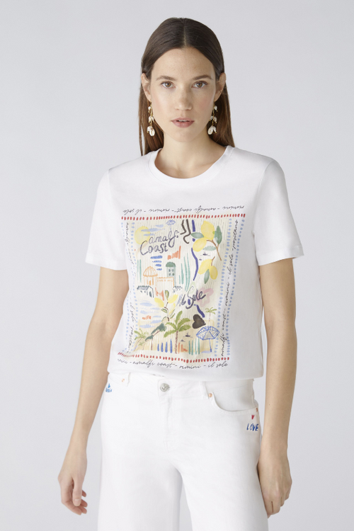 Oui Amalfi Print T-Shirt. A classic fit white  T-shirt with short sleeves, round neckline, and Amalfi themed print featuring silver foil detail.