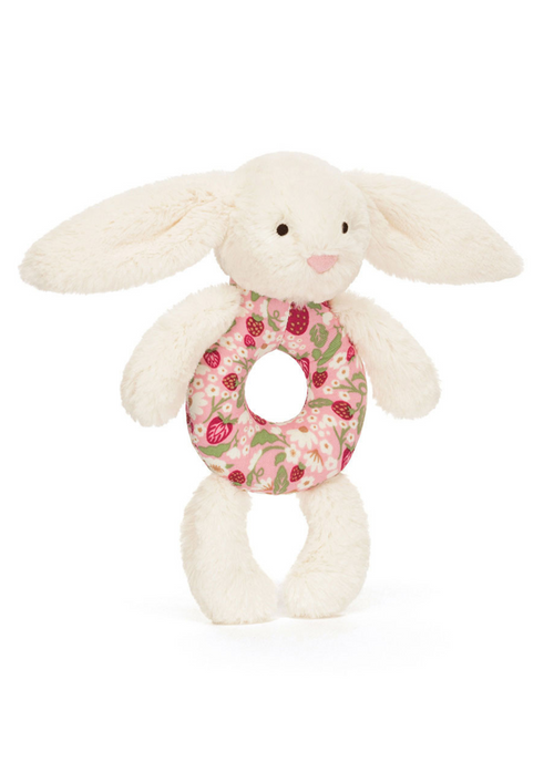 An image of the Jellycat Jellycat Blossom Cream Bunny 'Berry' Ring Rattle