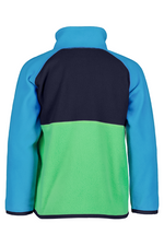 Didriksons Monte 3 Button Fleece. A boys mid-layer sweater in a green & blue design and a button placket, elastic binding on the sleeve and a thermal, microfleece finish.