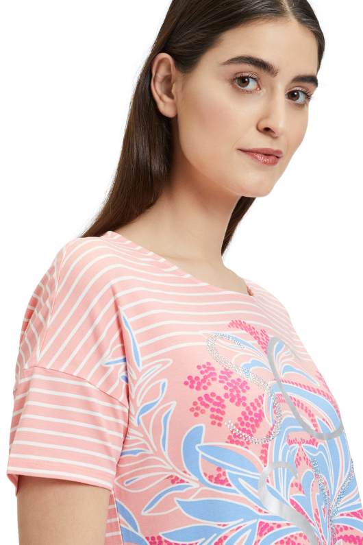 An image of a female model wearing the Betty Barclay Striped Top in the colour Rose/Cream.