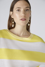 Oui Block Stripe Jumper. A knit jumper with yellow and white block stripes, round neckline, batwing sleeves, and drawstring cord at the hemline.