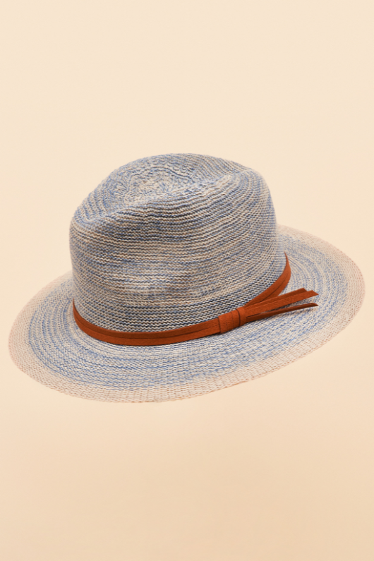 Powder Natalie Hat. A chic cotton & polyester hat in a light blue denim colour with an orange band