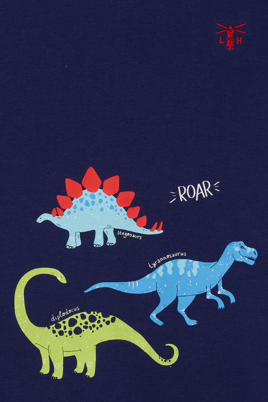 Lighthouse Oliver Short Sleeve Top. A boys, cotton t-shirt with a round neckline, short sleeves and a cool dino design on a navy background.