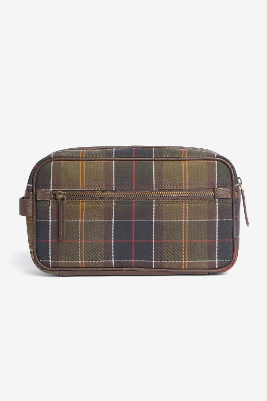 An image of the Barbour Tartan Leather Washbag