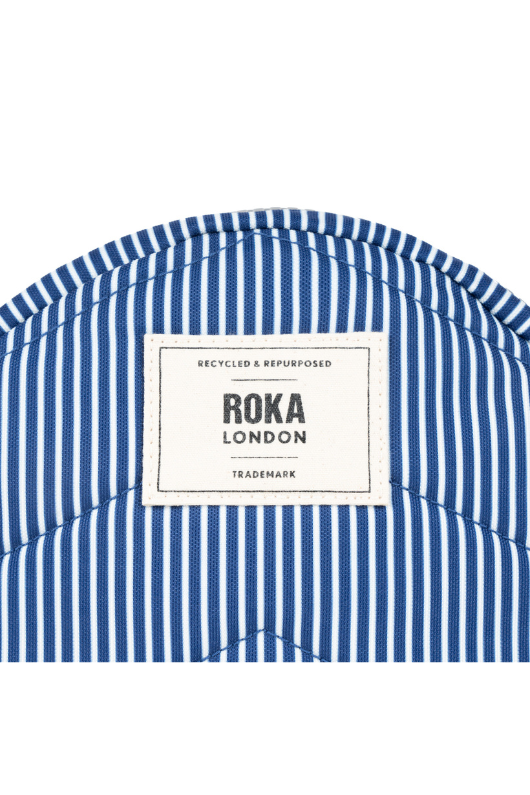 An image of the Roka London Paddington B Hickory Stripe Recycled Canvas Crossbody Bag.