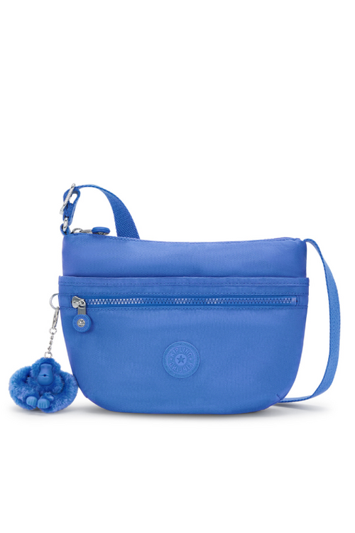 Kipling Arto S Crossbody Bag with havana blue design, zip closure, an external zip pocket and Kipling monkey keychain
