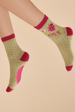 Powder Ankle Socks in sage ladybird design