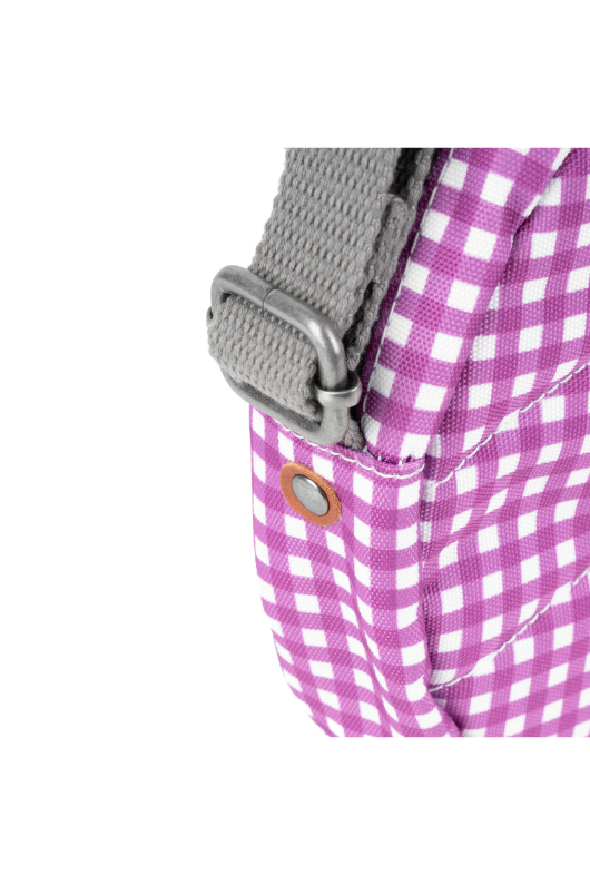 An image of the Roka London Paddington B Purple Gingham Recycled Canvas Crossbody Shoulder Bag.