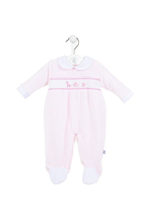Dandelion Smock Sleepsuit. A long sleeve, collared sleepsuit with pink striped pattern, smocked detail and embroidery.