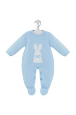 Dandelion Knitted Bobtail Onesie. A long sleeve onesie with poppers and bunny applique, made from a blue knit material.
