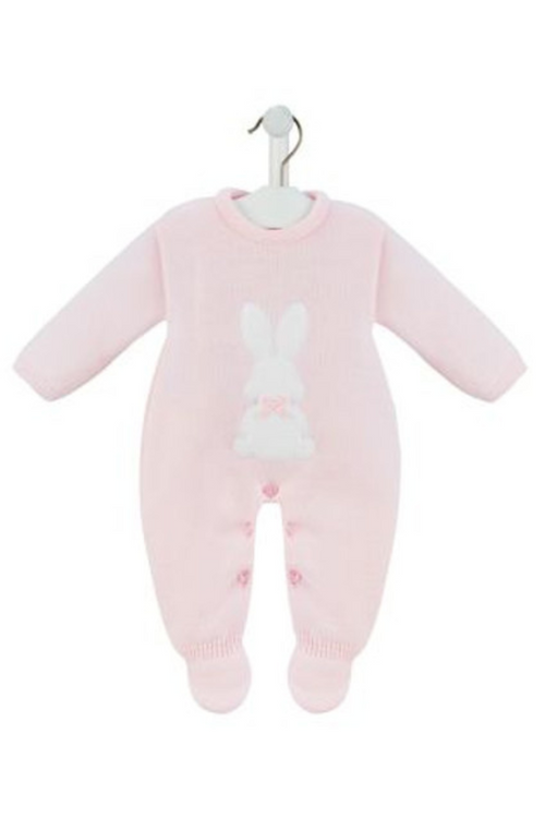 Dandelion Knitted Bobtail Onesie. A long sleeve onesie with poppers and bunny applique, made from a pink knit material.