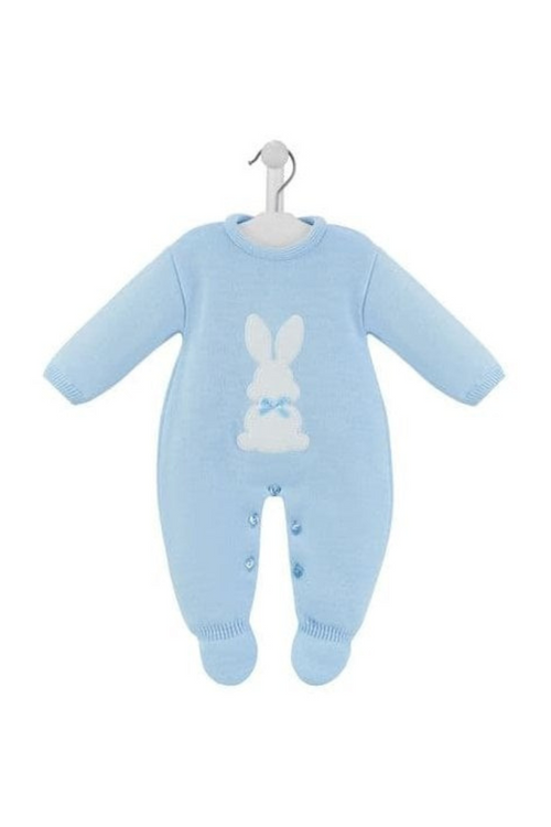 Dandelion Knitted Bobtail Onesie. A long sleeve onesie with poppers and bunny applique, made from a blue knit material.