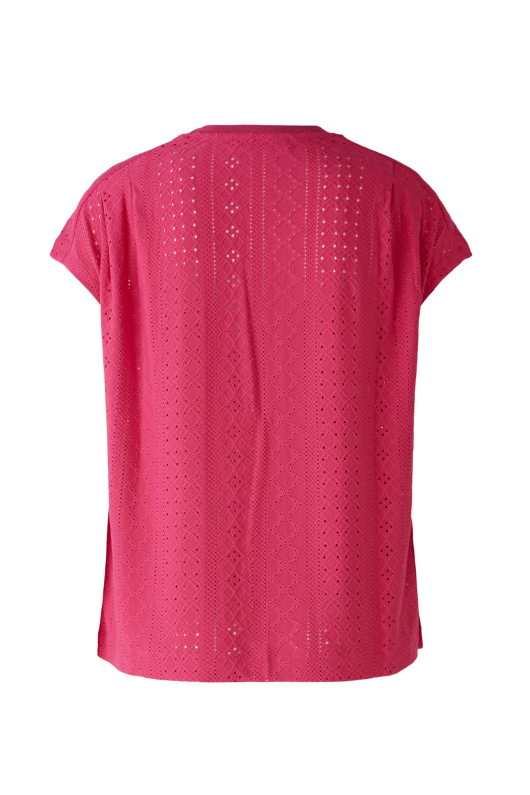 Oui Textured Top. A broderie anglaise fabric top with short sleeves and round neckline, in pink.