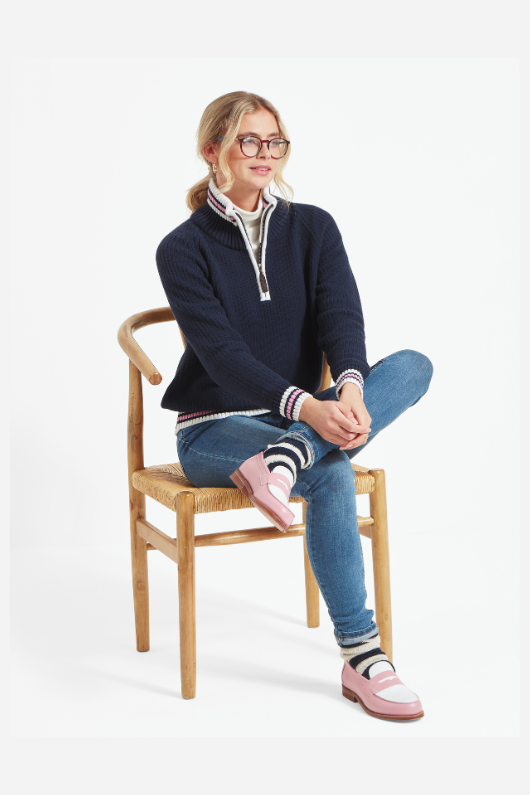 Schoffel Havelet Bay 1/4 Zip Jumper. A super soft, chunky-rib knit in a relaxed fit with nautical stripes