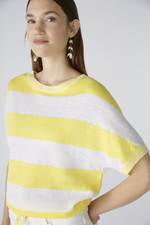 Oui Block Stripe Jumper. A knit jumper with yellow and white block stripes, round neckline, batwing sleeves, and drawstring cord at the hemline.