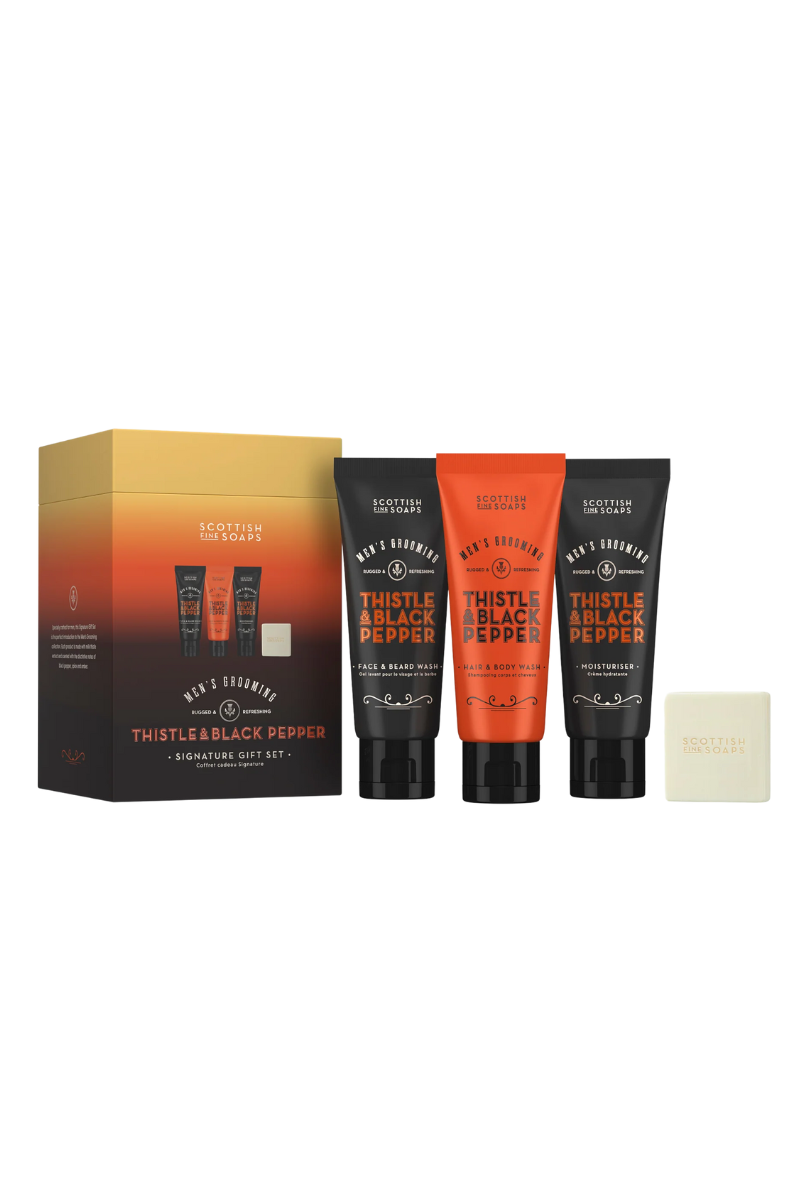 An image of the Scottish Fine Soaps Signature Gift Set (3x75ml Tubes, 1x40g Soap, Drum)