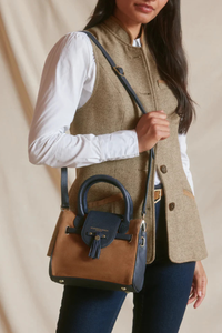 An image of the Fairfax & Favor Fairfax & Favor Mini Windsor Handbag Tan/Navy Suede
