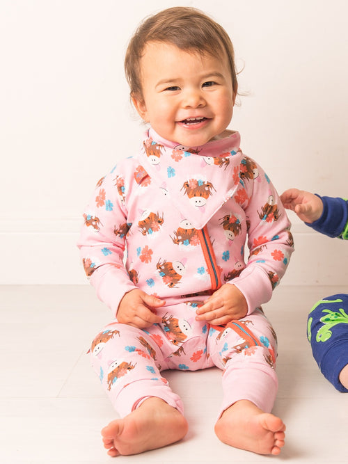 An image of the Blade & Rose Bonnie Highland Cow Zip Up Romper