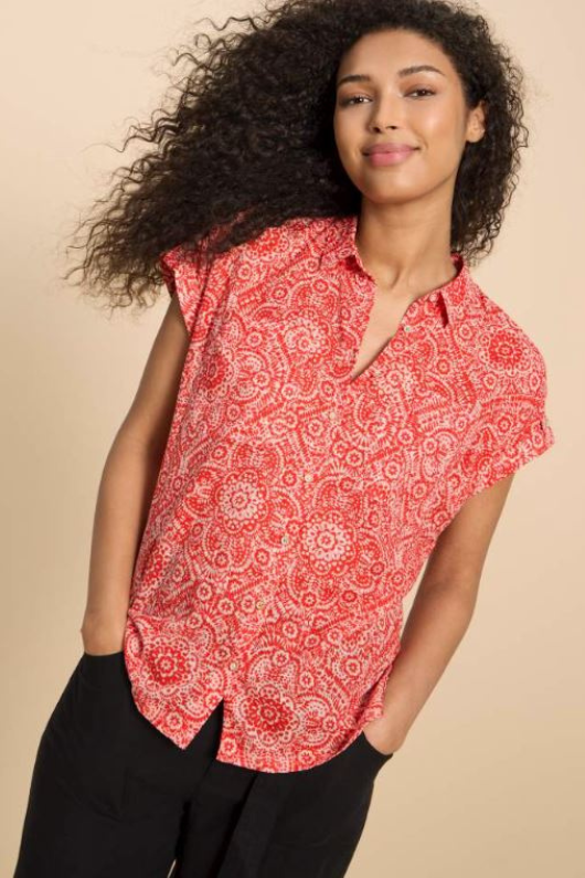 An image of the White Stuff Ellie Organic Cotton Shirt in the colour Orange Print.