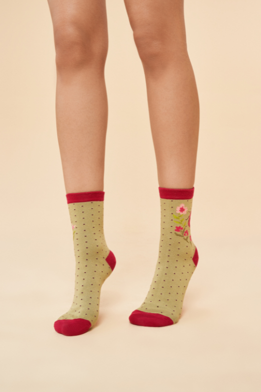 Powder Ankle Socks in sage ladybird design