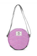 An image of the Roka London Paddington B Purple Gingham Recycled Canvas Crossbody Shoulder Bag.