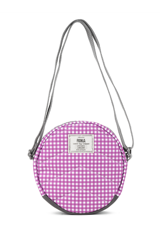 An image of the Roka London Paddington B Purple Gingham Recycled Canvas Crossbody Shoulder Bag.