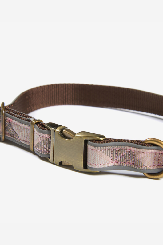 An image of the Barbour Reflective Tartan Dog Collar in the colour Taupe/Pink Tartan.