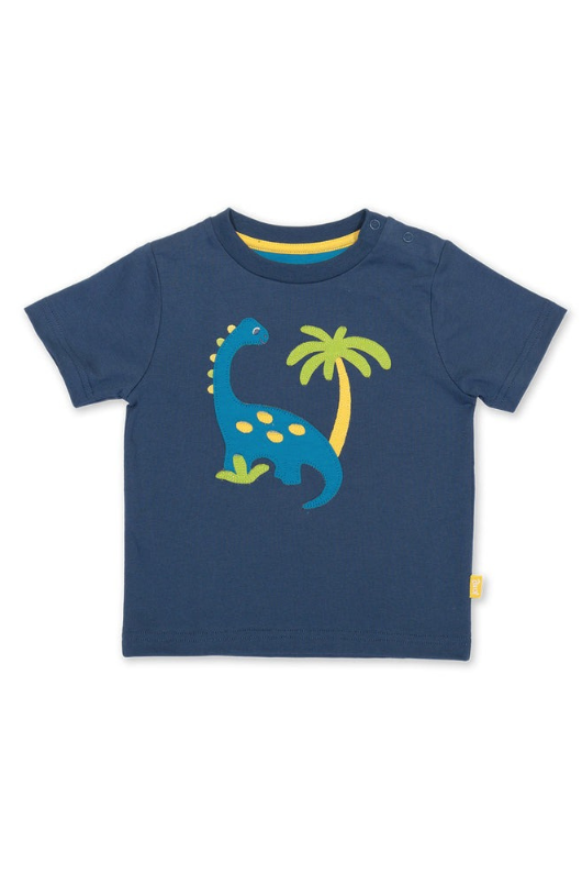 Kite T-Shirt. A short sleeve, round neck T-shirt. This top is navy and has a dinosaur applique.