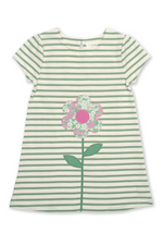 Kite Dress. a short sleeve, round neck dress with green and white striped print and flower applique.