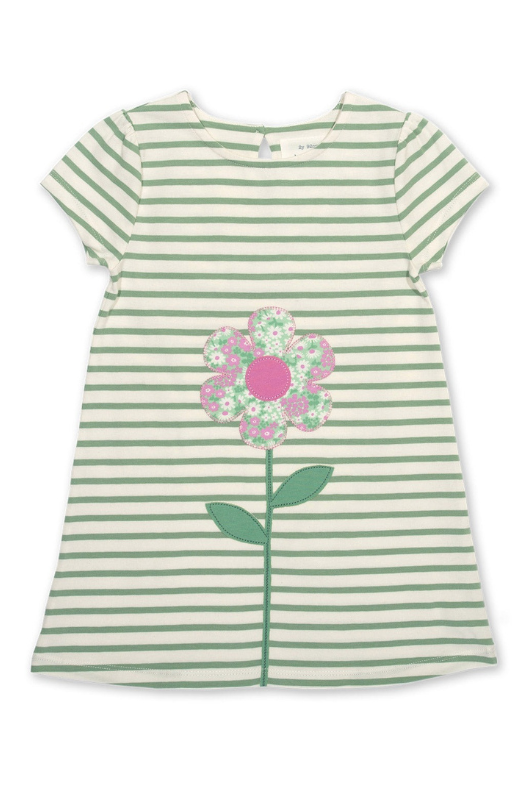 Kite Dress. a short sleeve, round neck dress with green and white striped print and flower applique.