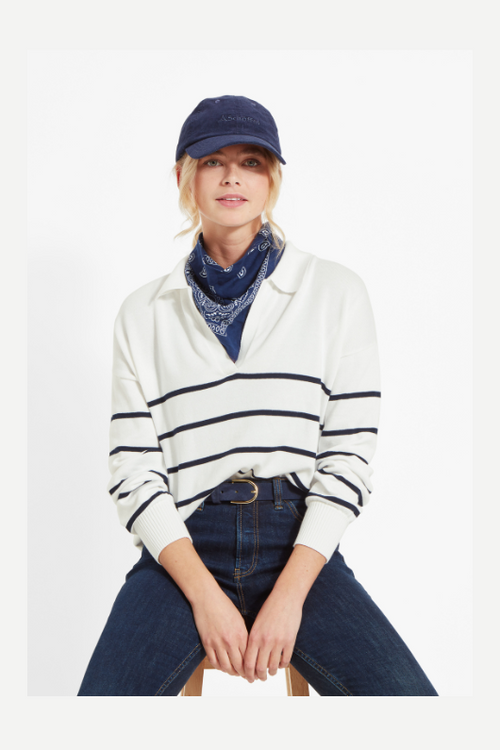 Schoffel Roseland Jumper. A super soft, relaxed fit jumper with an open-collared neck, and a thin navy stripe design