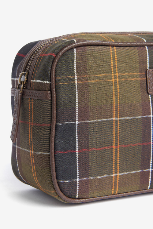 An image of the Barbour Tartan Leather Washbag