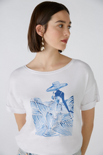 Oui Lady Print T-Shirt. A classic fit white T-shirt with short sleeves and round neckline, featuring a blue motif print of a lady.