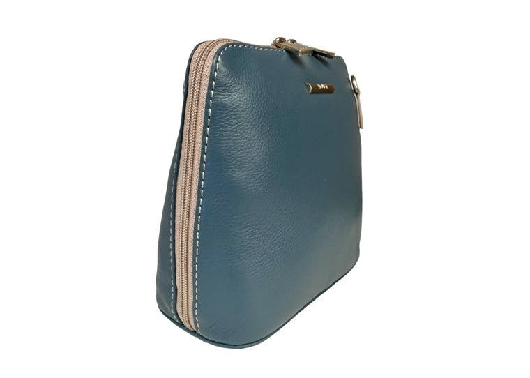 Nova Small Square Bag. A small crossbody bag made from leather, with full zip closure, in the colour blue/dove grey.