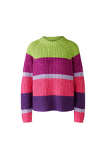 Oui Broad Stripes Jumper. An oversized fit jumper with shortened length. This jumper has long sleeves, round neckline, and a multi-coloured green, pink and purple striped pattern.