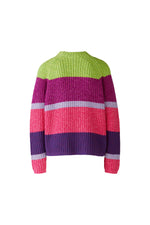 Oui Broad Stripes Jumper. An oversized fit jumper with shortened length. This jumper has long sleeves, round neckline, and a multi-coloured green, pink and purple striped pattern.