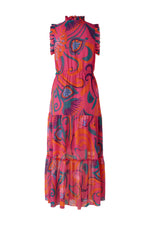Oui Maxi Dress. A maxi length dress with all-over pink print and ruffled sleeves/neckline.