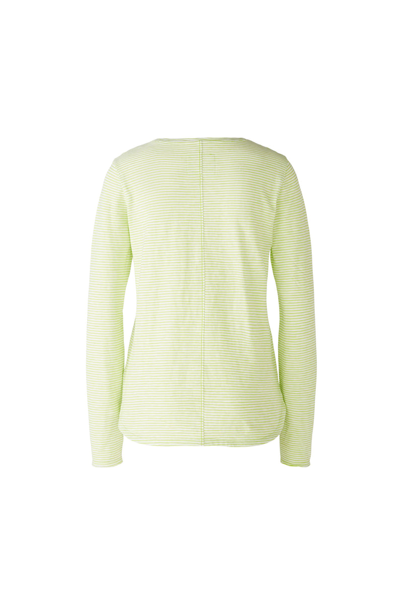 Oui Long Sleeve Shirt. A slightly tailored shirt with long sleeves and round neck. This top has side slits and white and green stripes.