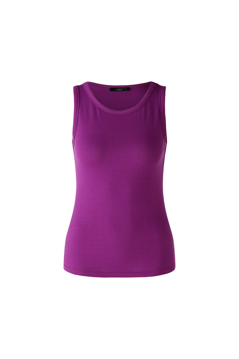 Oui Vest Tee. A slim fit, sleeveless vest with round neck and stretchy material in a bold purple shade.